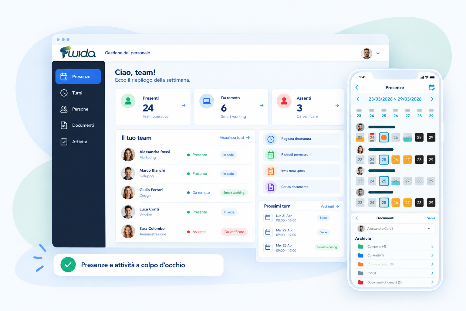 Fluida, software per la gestione digitale di presenze, turni e personale