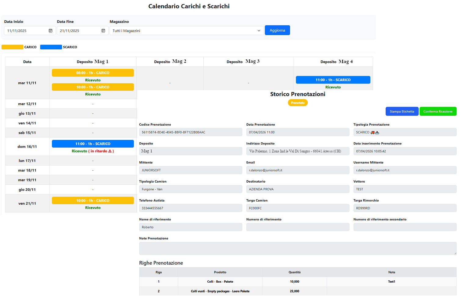 Calendario carichi e scarichi suddiviso per deposito e data